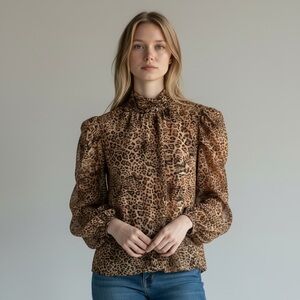 Monique Lhuillier Leopard Blouse Ruched Sheer Puff Sleeve Top M